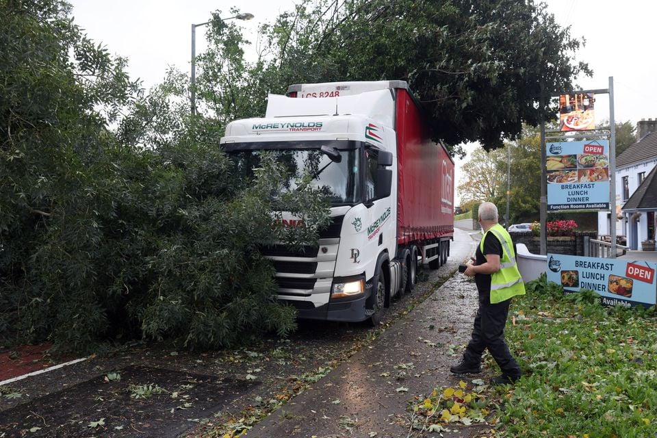 A lorry driver had a lucky escape today when a tree blown down by the winds of Storm Amy fell on his vehicle at Dunadry in Co. Antrim. 
PICTURE BY STEPHEN DAVISON